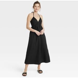 Smocked Maxi Sundress Halter Neck Small 100% Cotton Black NWT Universal Thread